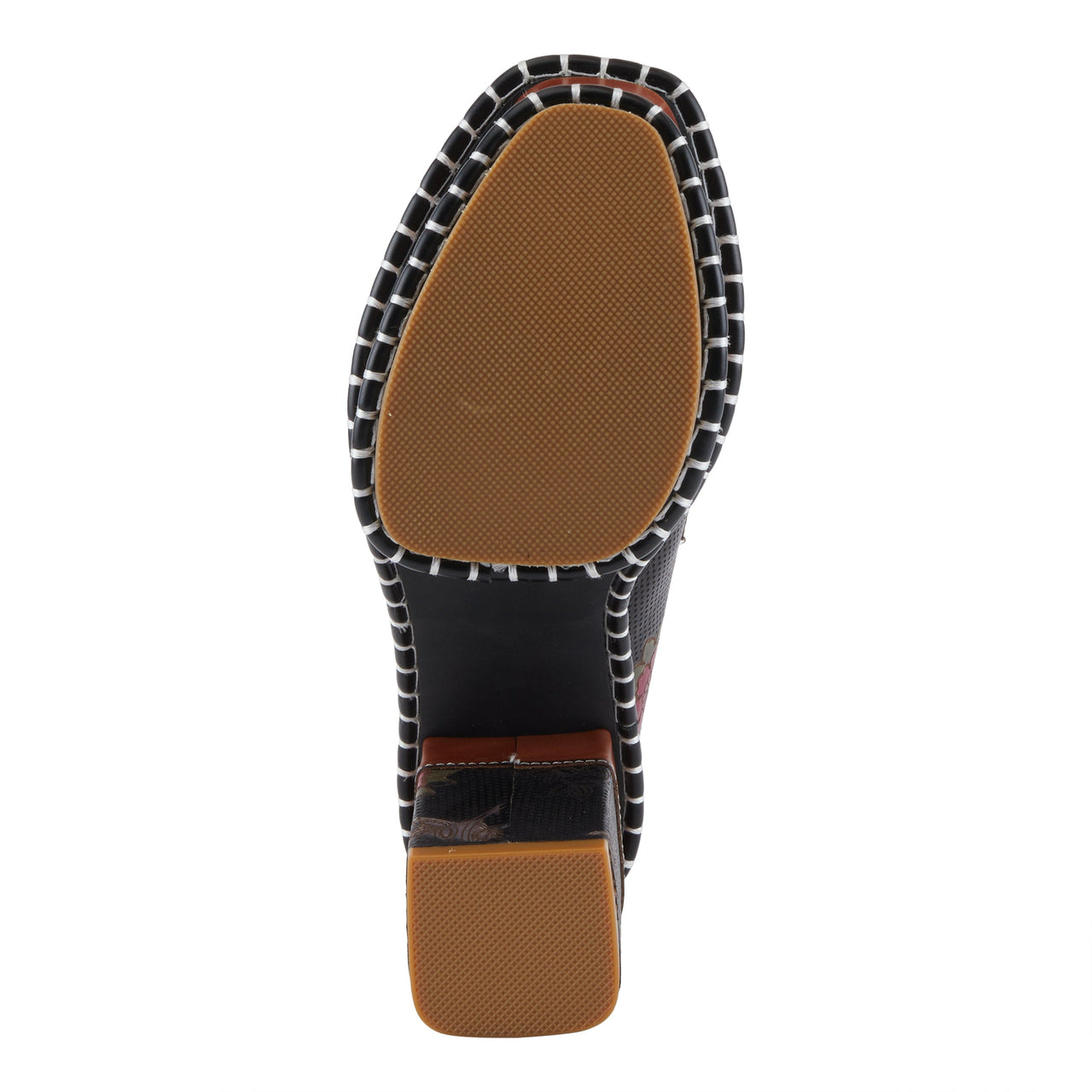 Black leather heeled mule with floral cut-out design and cushioned insole