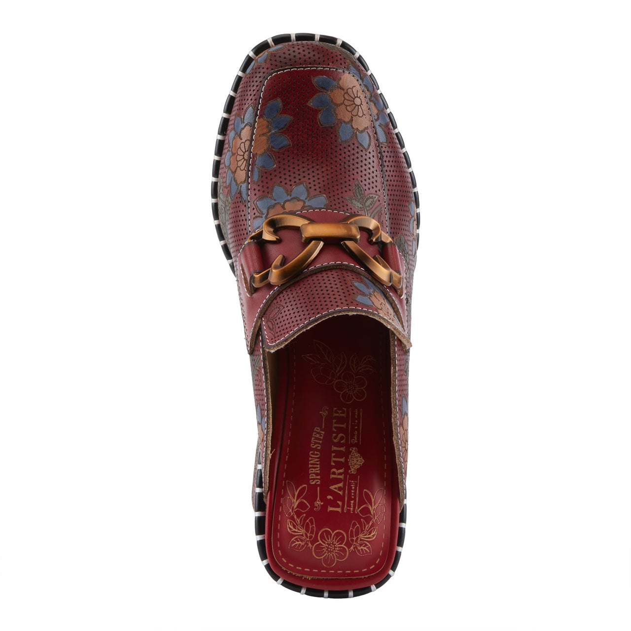 L'ARTISTE MERCYME HEELED MULE in brown leather with floral design 