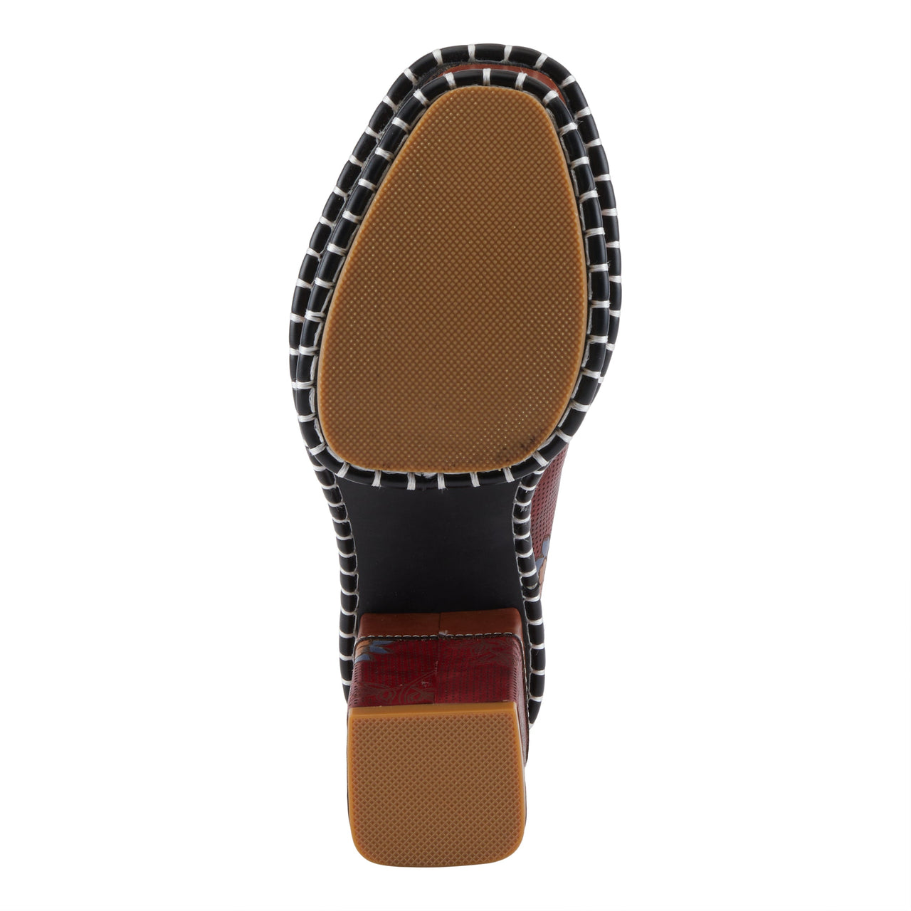 Black leather heeled mule shoe with floral and perforated details