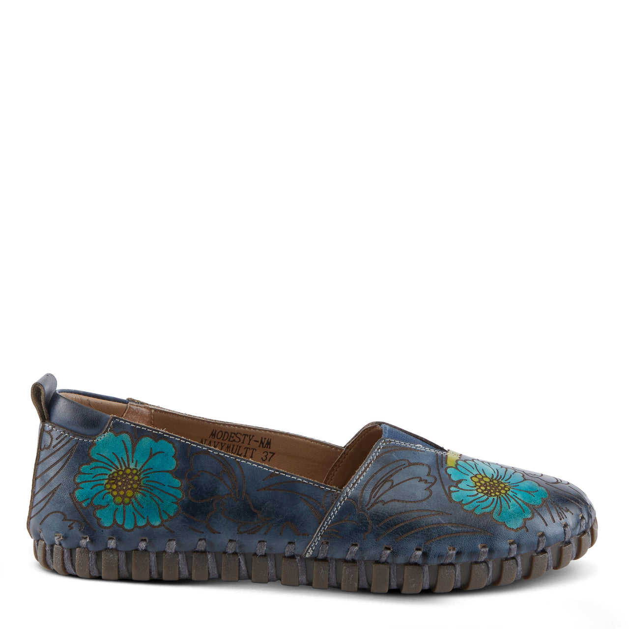 L'ARTISTE MODESTY SHOES in vibrant turquoise leather with hand-painted floral accents and stacked heel