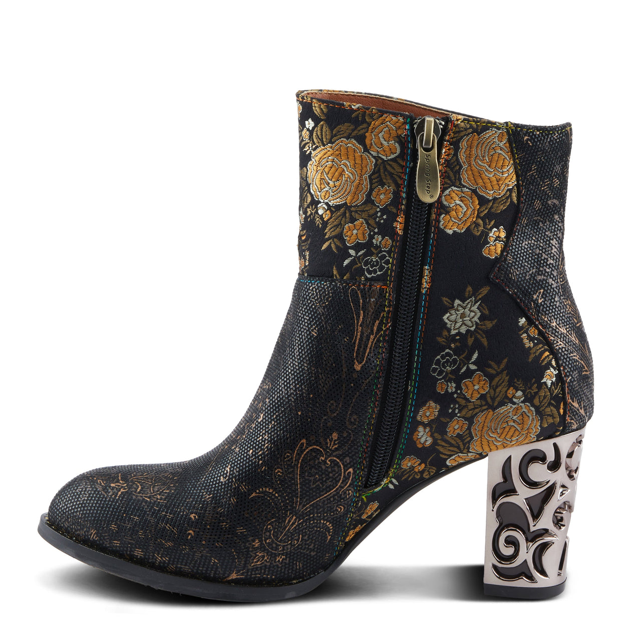 Vintage-inspired L'ARTISTE MONET BOOTS in rich brown leather with intricate floral embroidery