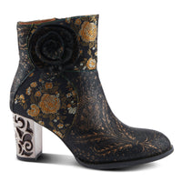 Thumbnail for Pair of stylish and elegant L'Artiste Monet boots in rich brown leather with intricate floral detailing and stacked heel