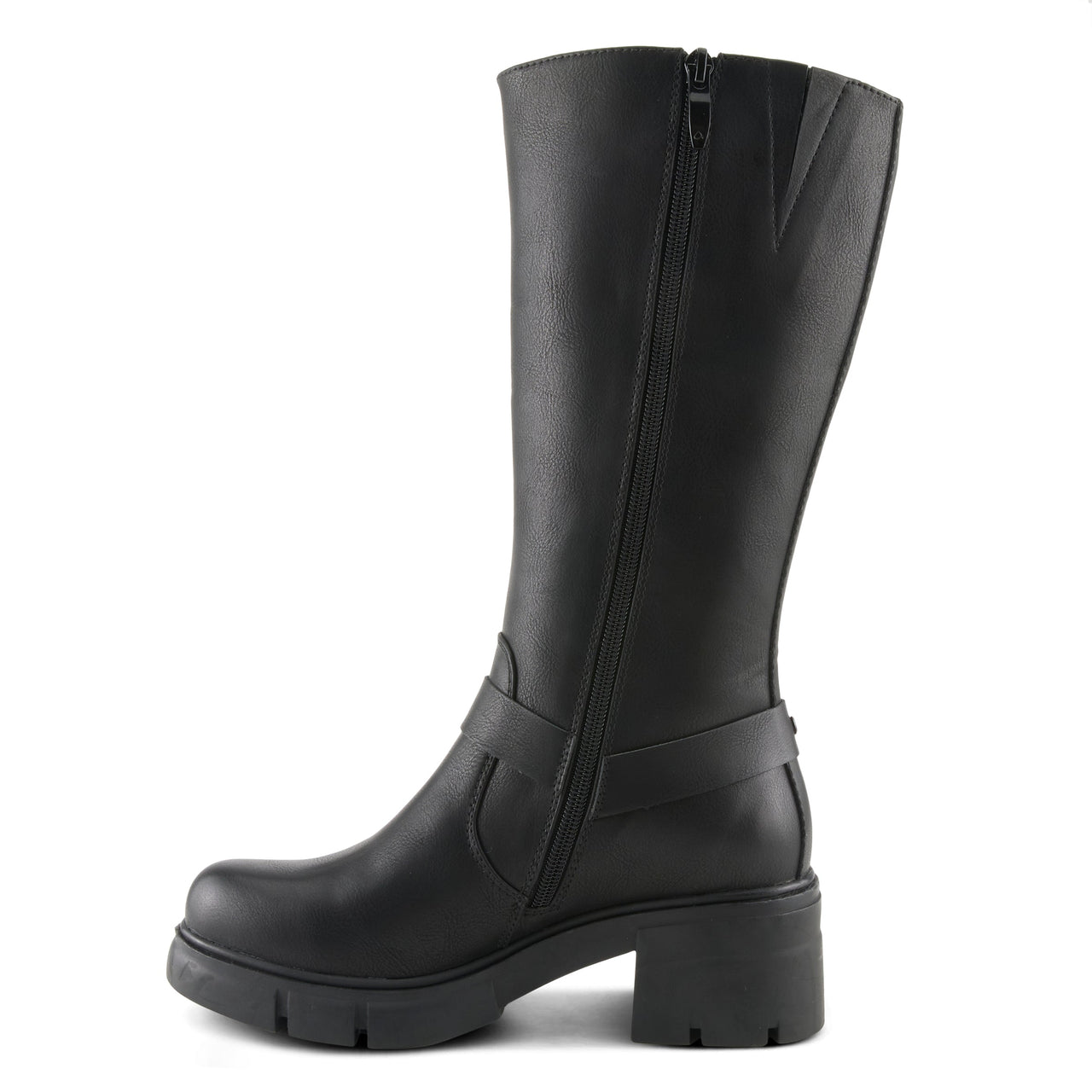 Black leather knee-high boots with silver buckle details and chunky heel