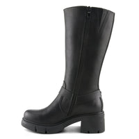 Thumbnail for Black leather knee-high boots with silver buckle details and chunky heel