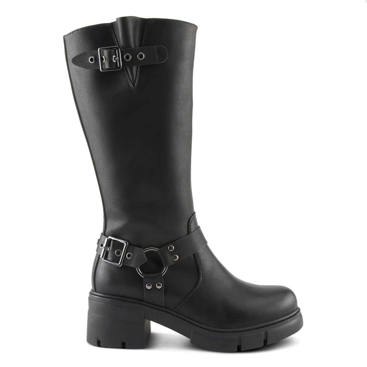 Black leather Patrizia Mosley boots with adjustable buckle straps and gripping rubber soles for ultimate comfort and style