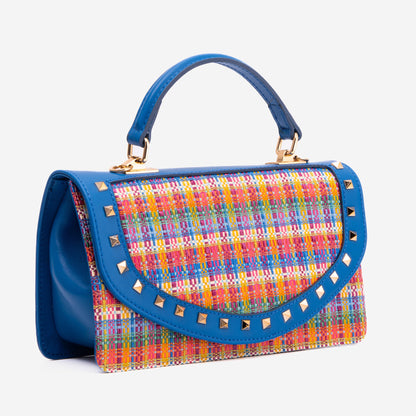 The Zoe Multicolor Tweed & Blue Leather Handbag