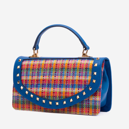 The Zoe Multicolor Tweed & Blue Leather Handbag