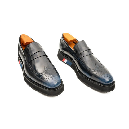 Men's Blue Hand Patina Calf Leather Loafers Platform Sole