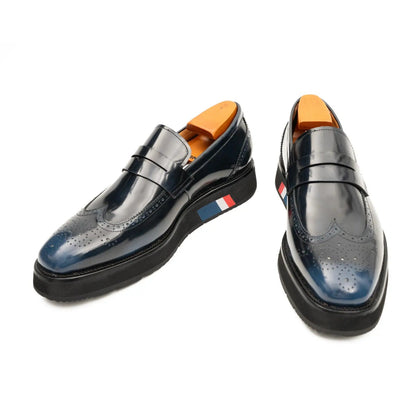 Men's Blue Hand Patina Calf Leather Loafers Platform Sole