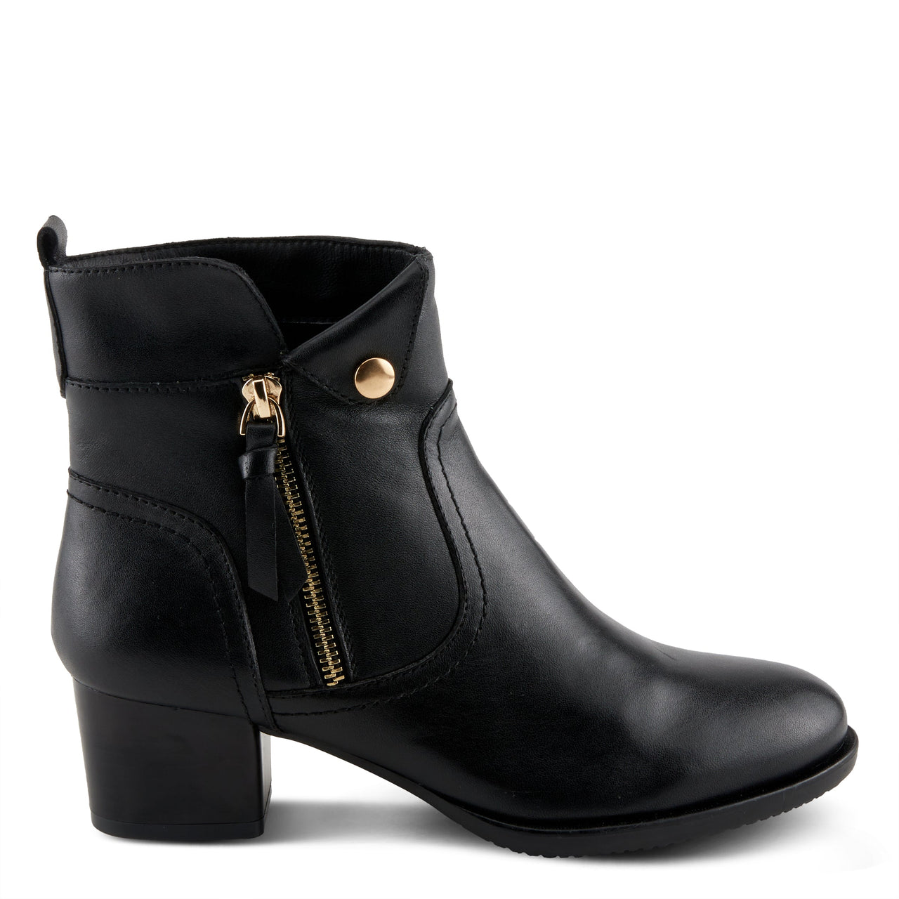 Women's leather ankle boots with decorative buckle and stacked heel