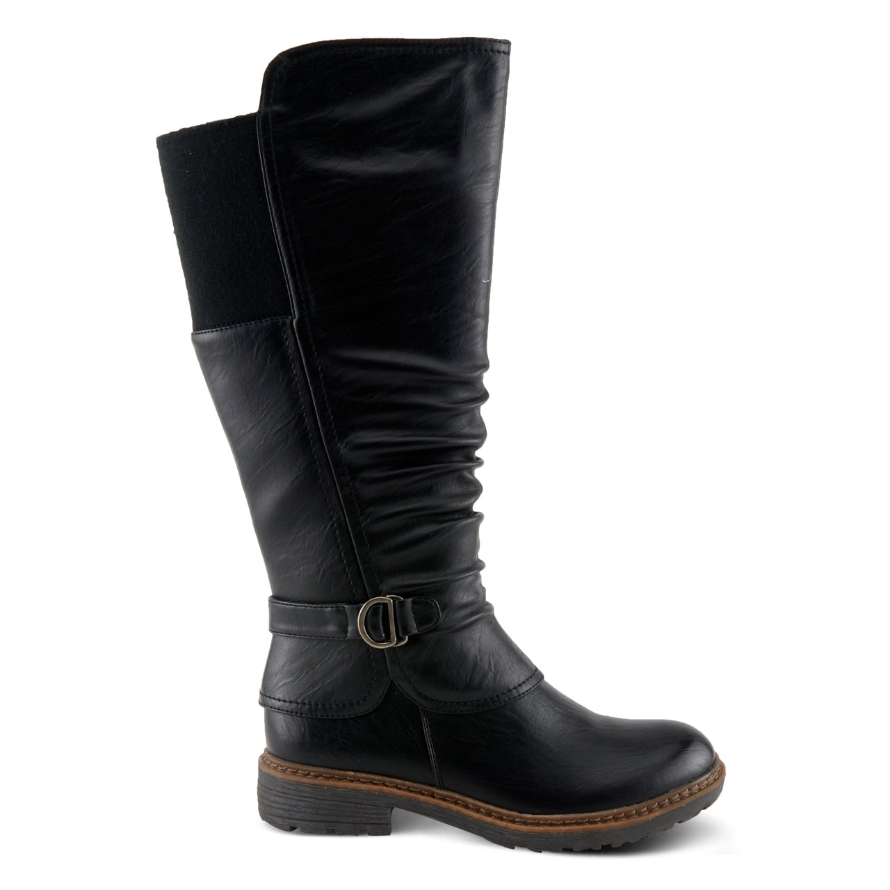 Black leather knee-high boots with buckle detailing and chunky heel by PATRIZIA OLENA