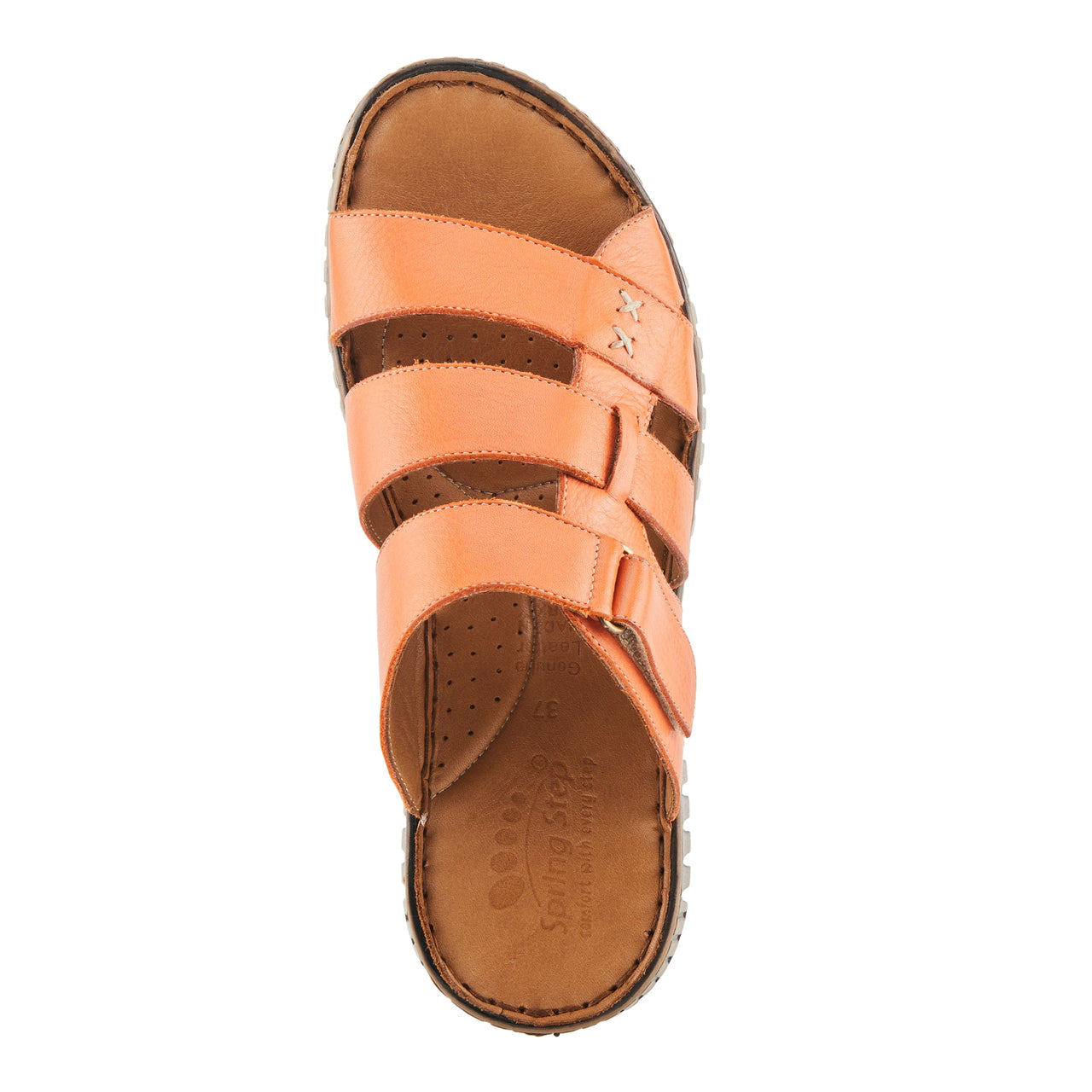 A pair of stylish and comfortable Spring Step Olly Sandals in brown leather, featuring cushioned insoles and adjustable straps