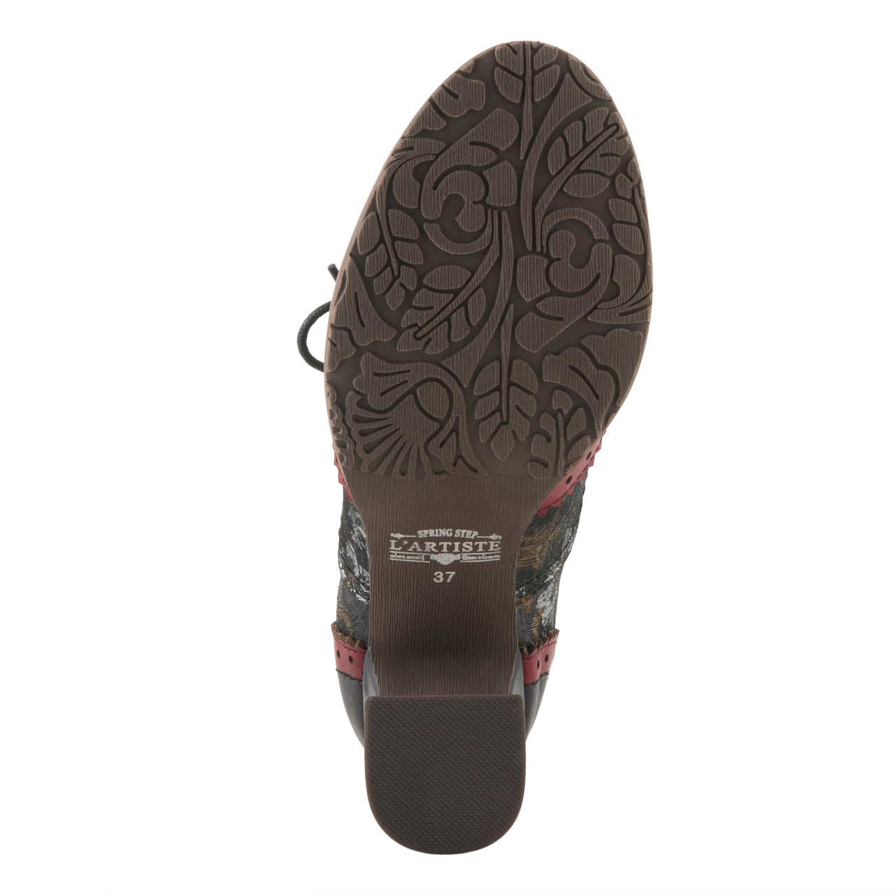 L'ARTISTE PERRINE SHOES in elegant black leather with intricate floral detailing and comfortable cushioned insoles