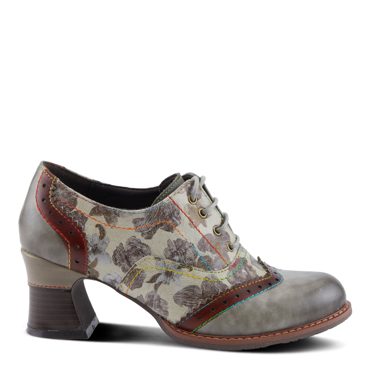 Hand-painted leather L'Artiste Perrine shoes with floral embellishments and stacked heel