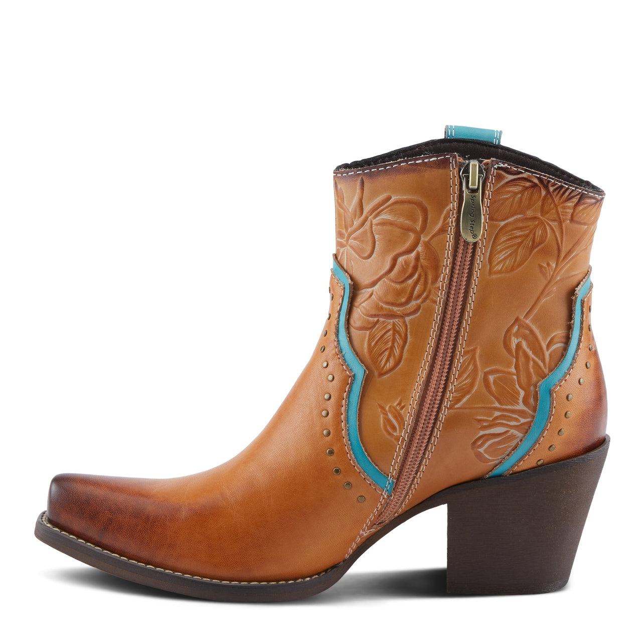 Pair of leather L'ARTISTE REBAMAC BOOTS with intricate embroidery and stacked heel