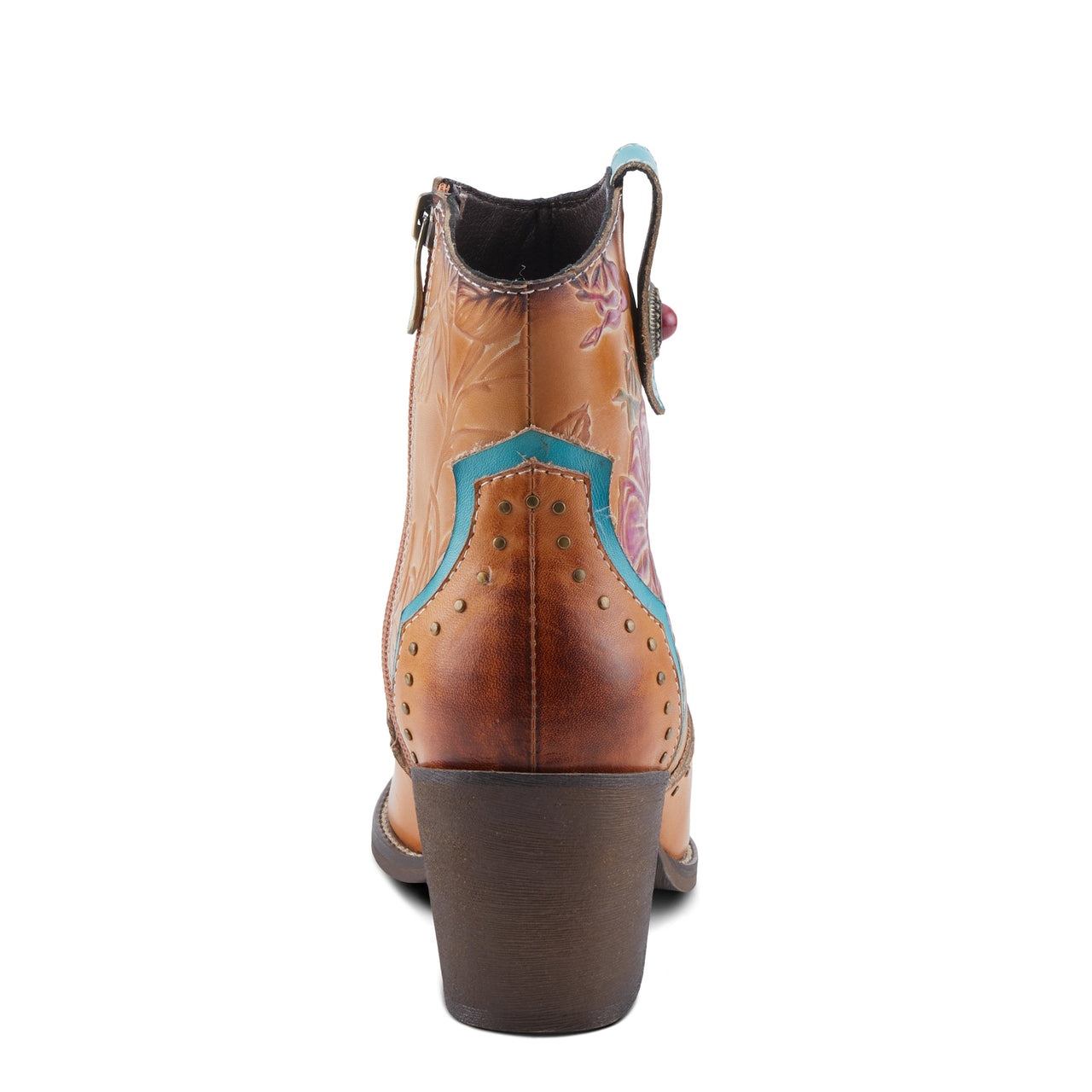 Hand-painted leather L'Artiste Rebamac boots with floral design and stacked heel