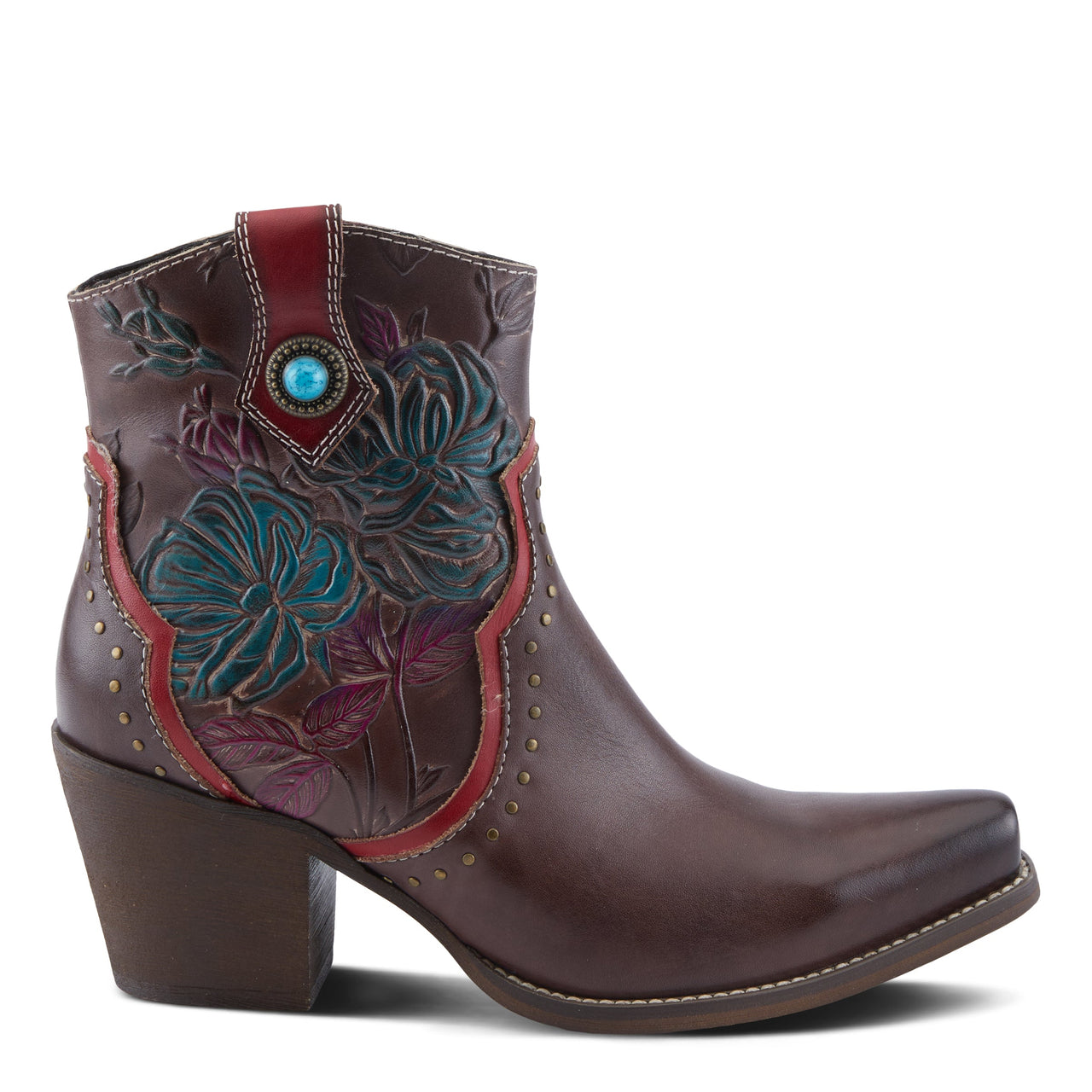 Pair of L'Artiste ReBamac boots in rich brown leather with intricate detailing and sturdy stacked heel