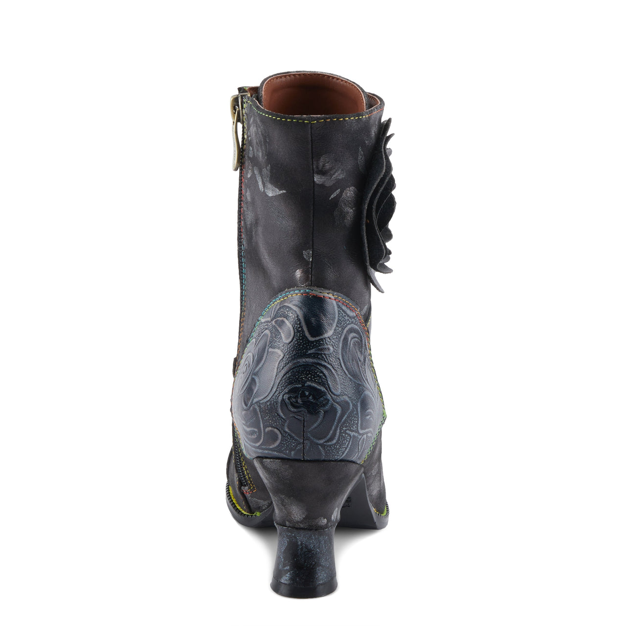 Pair of stylish and elegant L'ARTISTE ROSELIA-STUNIN boots in rich brown leather with intricate floral design and sturdy heel