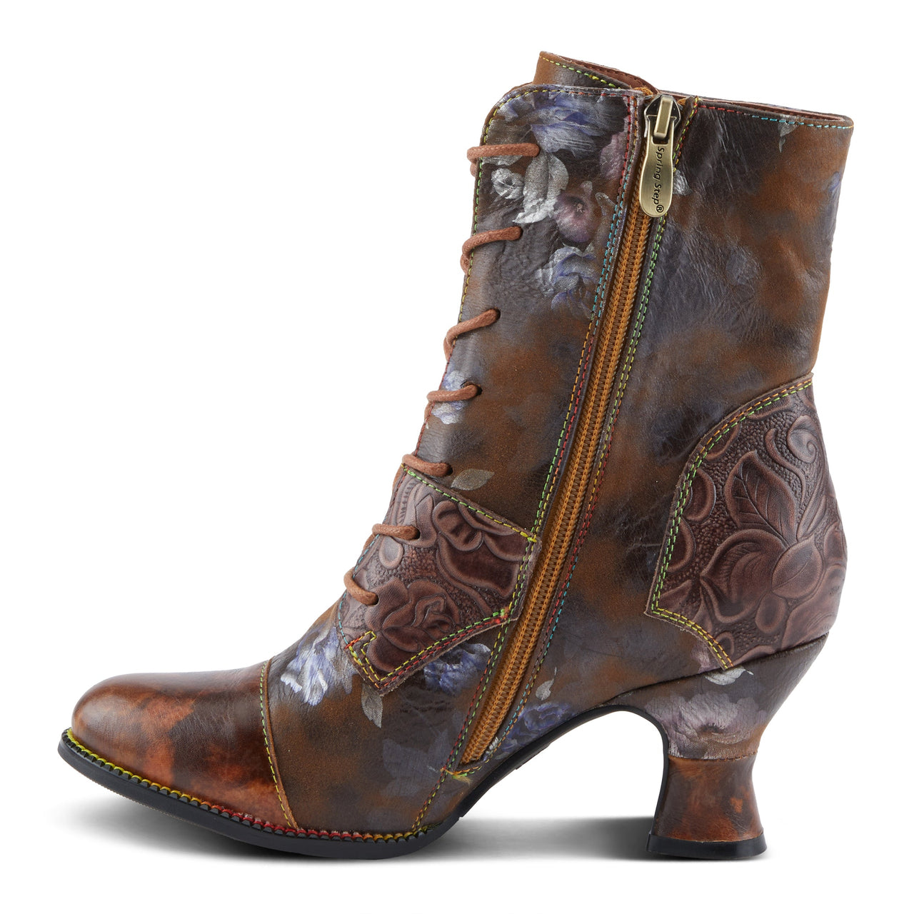 Pair of L'ARTISTE ROSELIA-STUNIN BOOTS in rich brown leather with detailed stitching and comfortable stacked heel