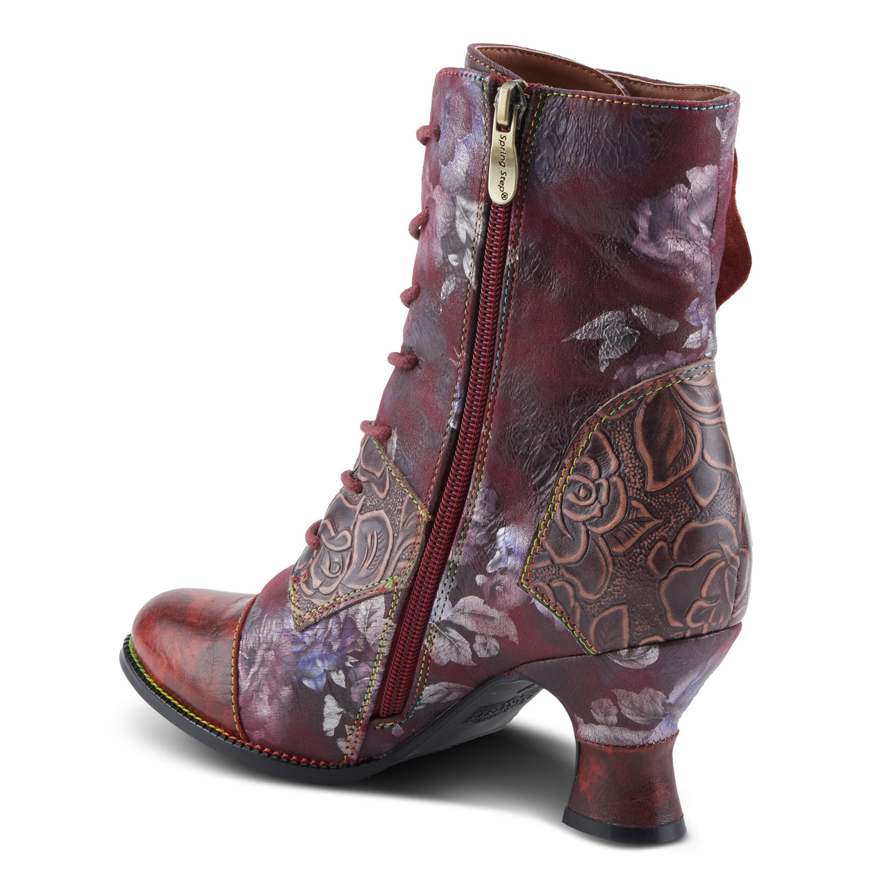 Black leather ankle boots with floral embroidery and stacked heel by L'Artiste Roselia, perfect for adding a touch of stunning style to any outfit