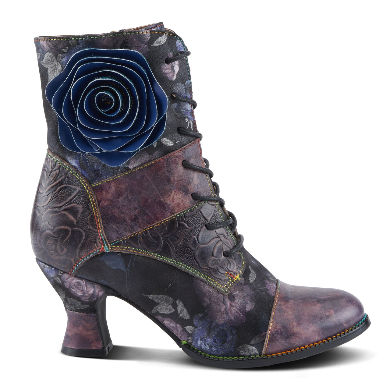 L'ARTISTE ROSELIA-STUNIN BOOTS: Hand-painted leather boots with floral accents and stacked heel