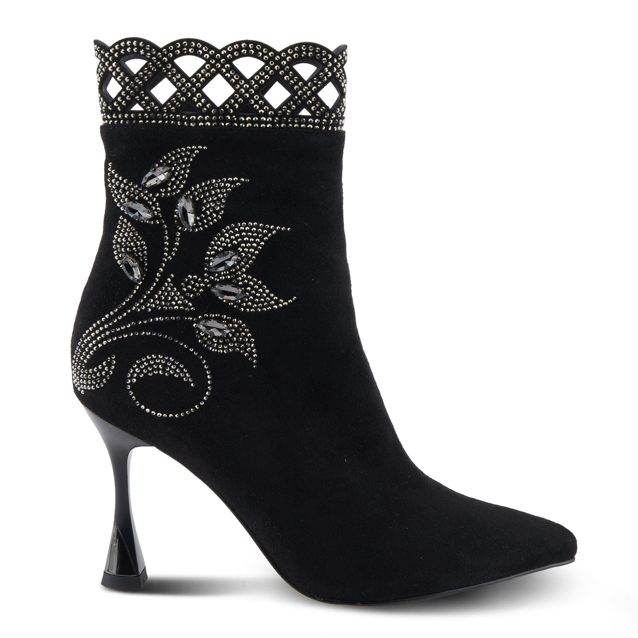 Black leather knee-high boots with gold embellishments and pointed toe 