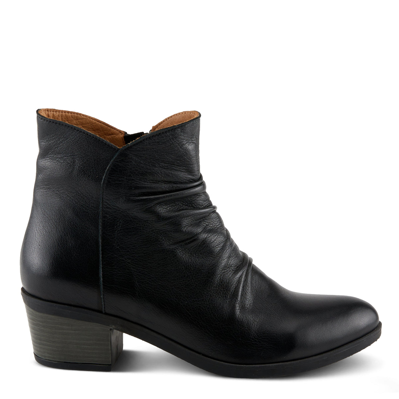 Black leather Spring Step Selby boots with side zipper and decorative buckle