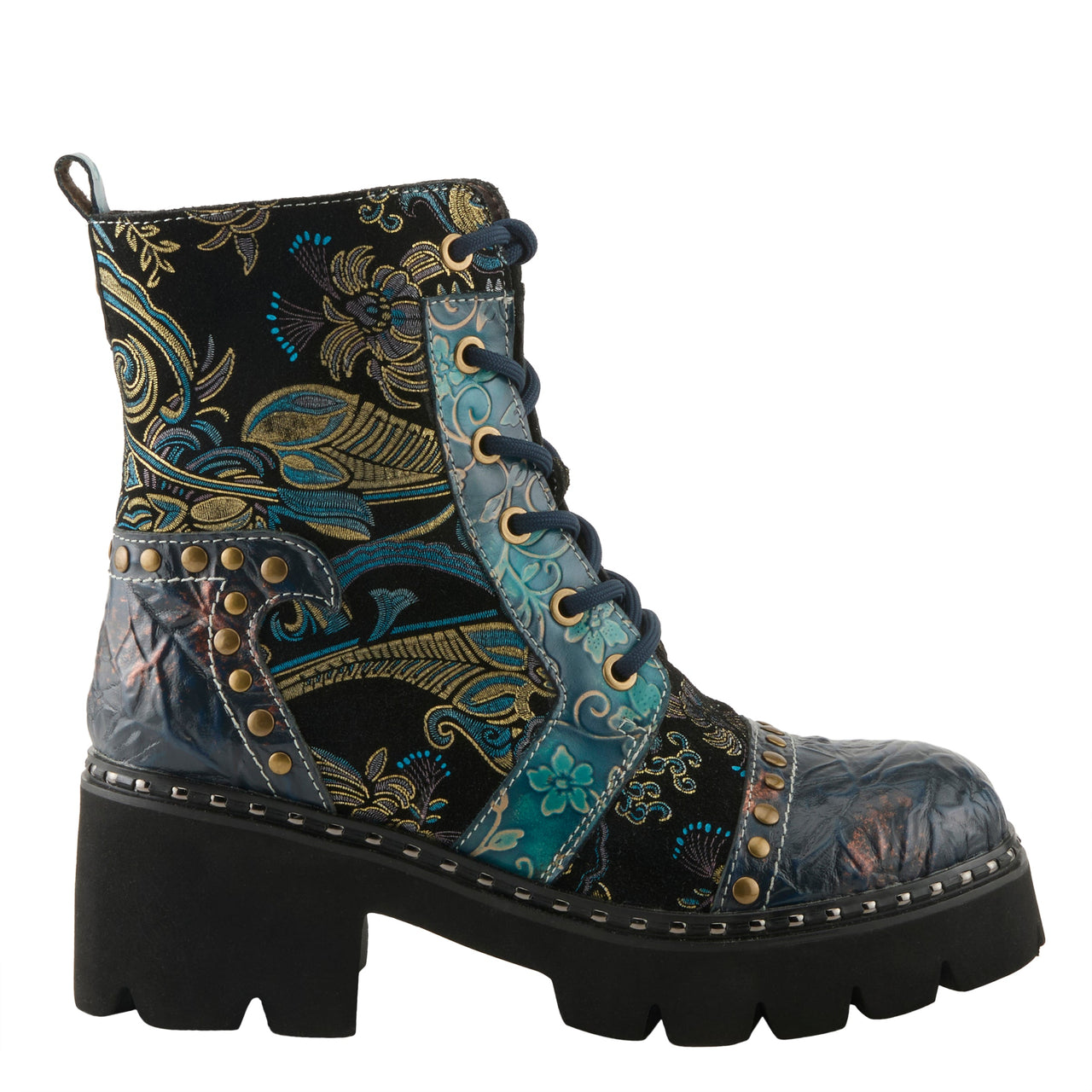 Gorgeous L'ARTISTE SEVERITY BOOTS in olive green leather with intricate floral pattern