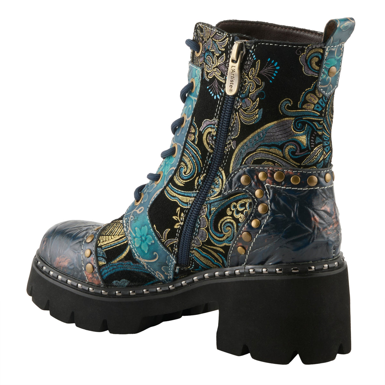 Beautiful L'ARTISTE SEVERITY BOOTS in dark brown leather with eye-catching floral motif