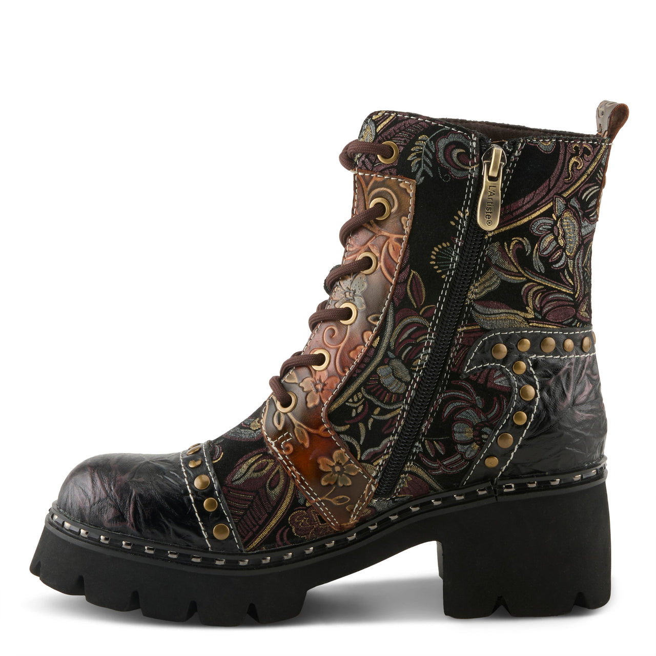 L'ARTISTE SEVERITY BOOTS in Cognac leather with intricate floral embroidery