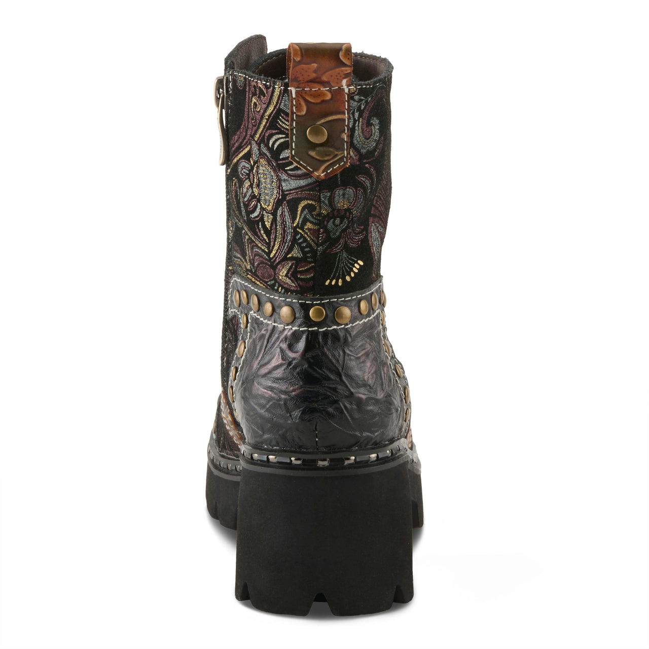  Close-up of L'ARTISTE SEVERITY BOOTS showing the unique floral pattern and adjustable buckle strap