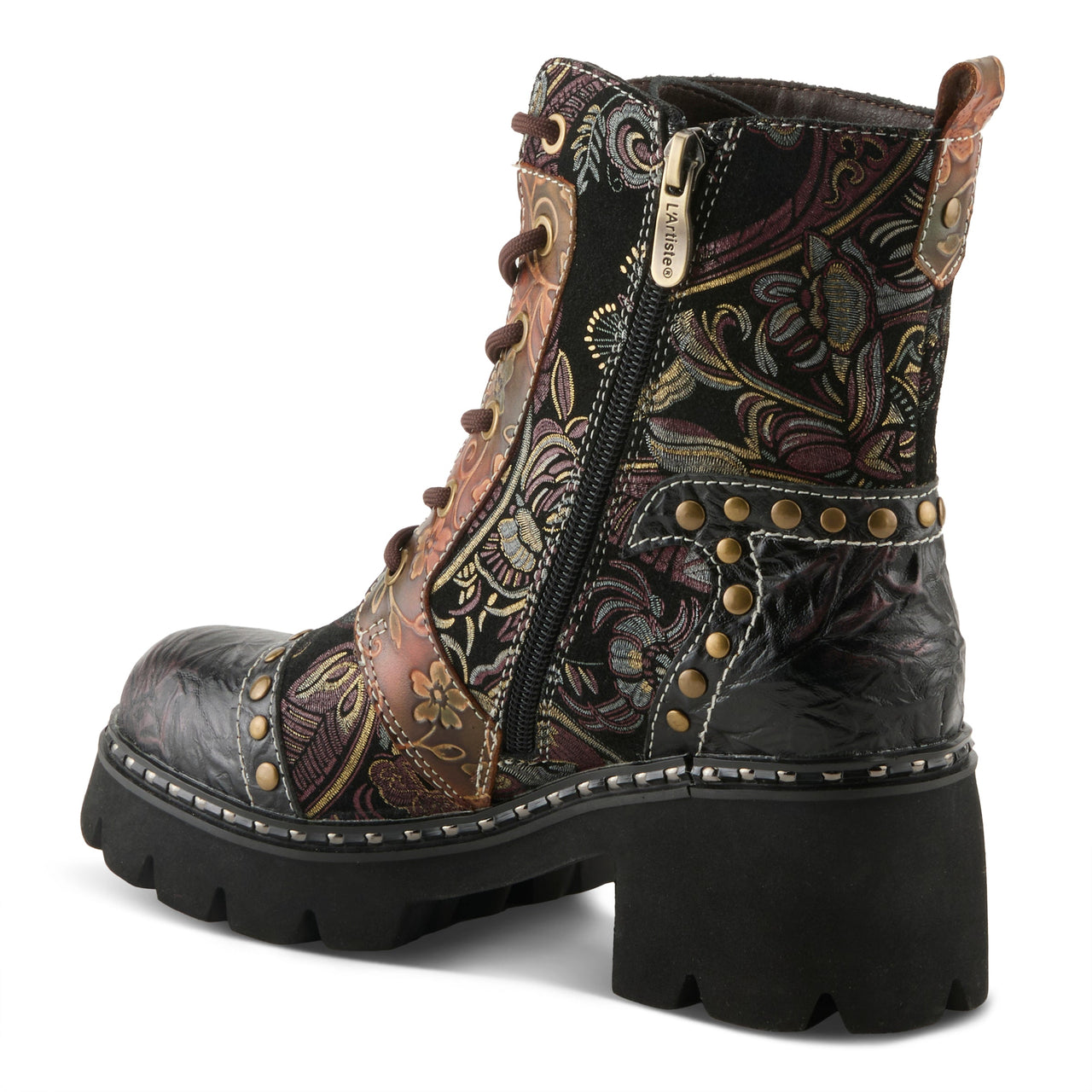 Fashionable L'ARTISTE SEVERITY BOOTS in cognac brown leather with eye-catching floral embroidery