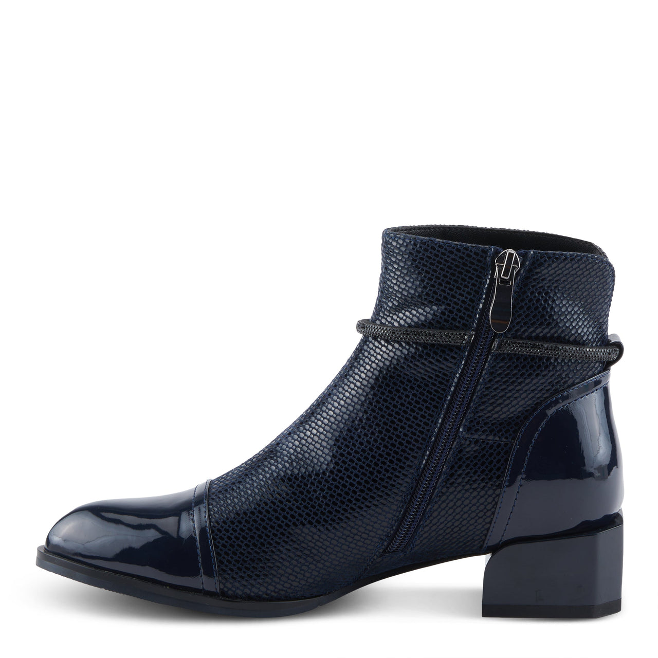 Stylish black leather Azura Shelbi boots with buckle detail and stacked heel