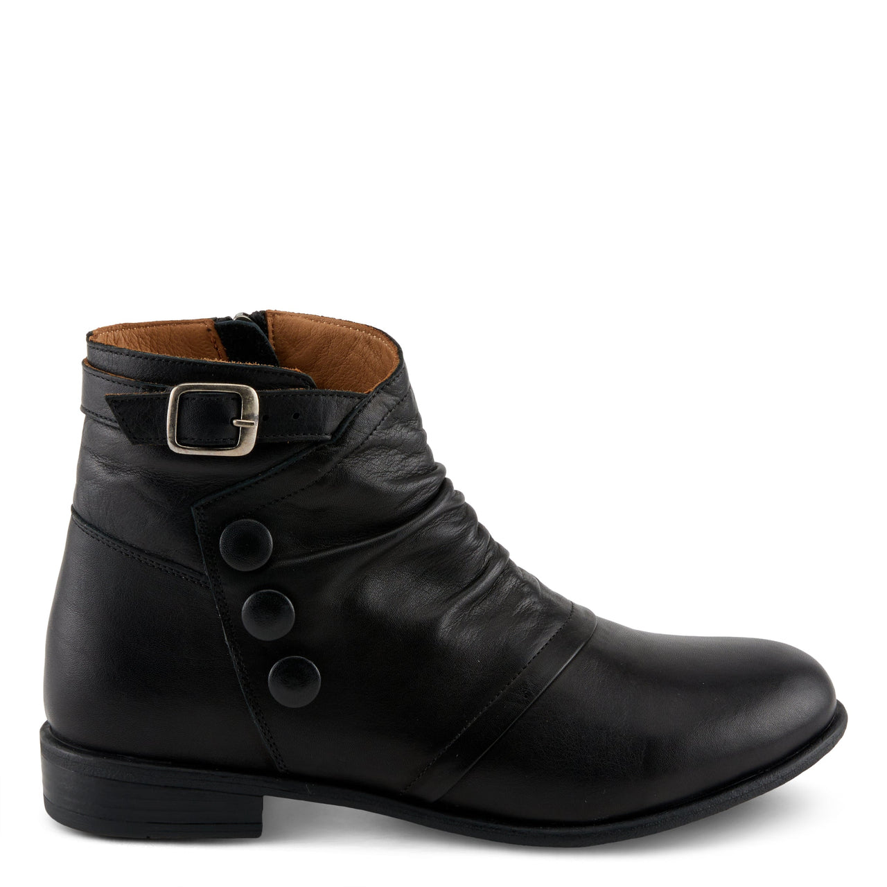 Black leather Spring Step Sianna boots with decorative buckles and comfortable heel