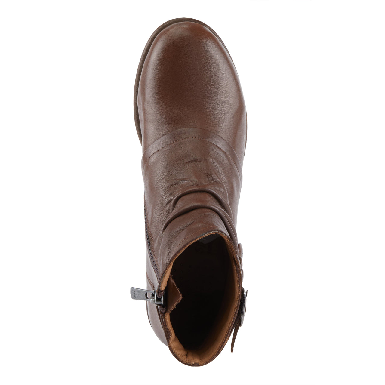 Brown leather Spring Step Sianna boots with decorative stitching and comfortable rubber sole for stylish, all-day wear