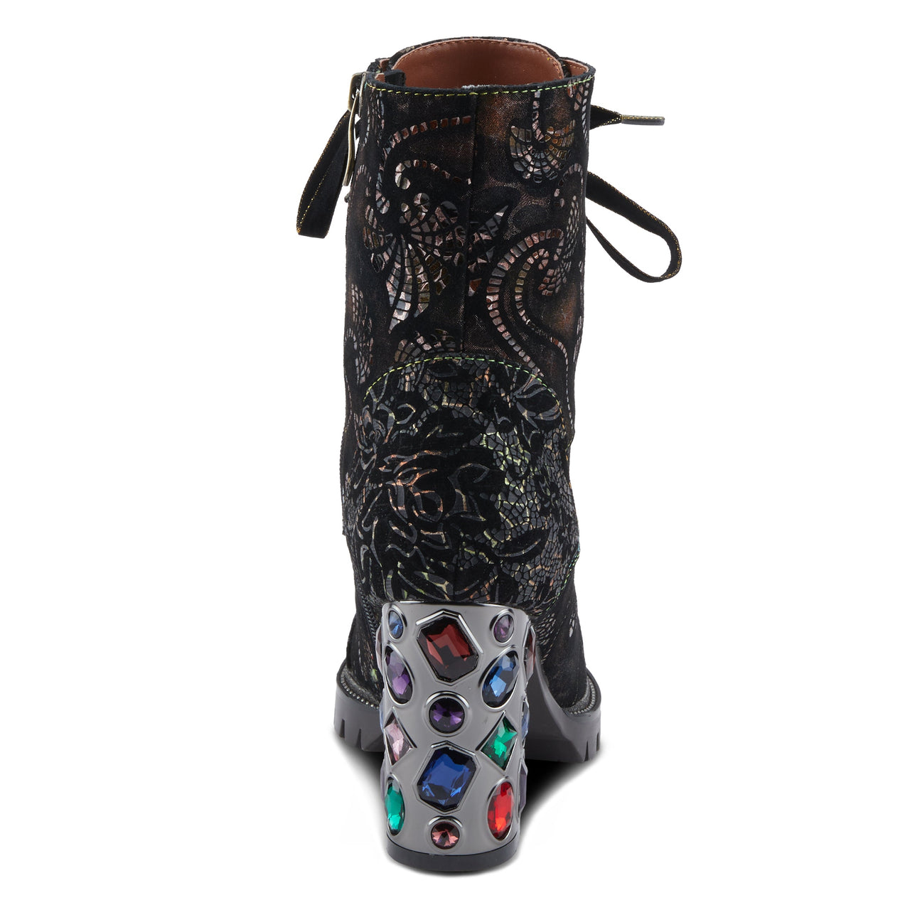 L'ARTISTE SOLAY-DELSOL BOOTS in rich brown leather, with intricate floral embroidery and stacked heel, perfect for a bohemian chic look