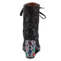 Thumbnail for L'ARTISTE SOLAY-DELSOL BOOTS in rich brown leather, with intricate floral embroidery and stacked heel, perfect for a bohemian chic look