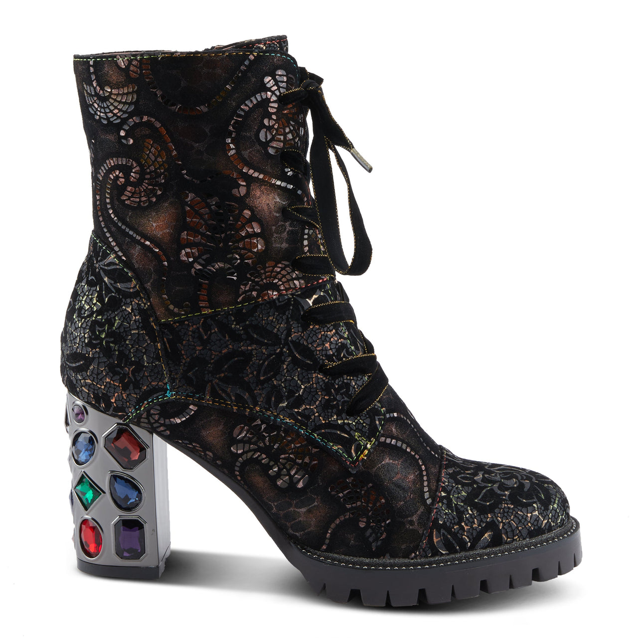 Stylish and unique L'ARTISTE SOLAY-DELSOL BOOTS in black leather with eye-catching sunburst design and comfortable stacked heel