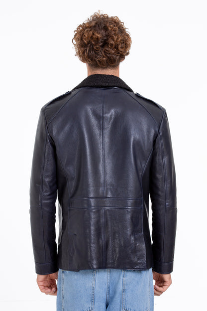 The Ponsonby Navy Blue Leather Shearling Men Jacket
