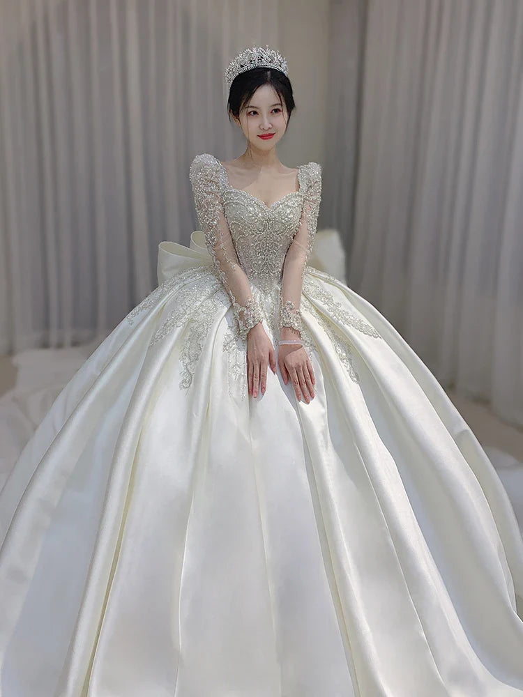 Luxurious Long Sleeves Wedding Satin Gown EDW21