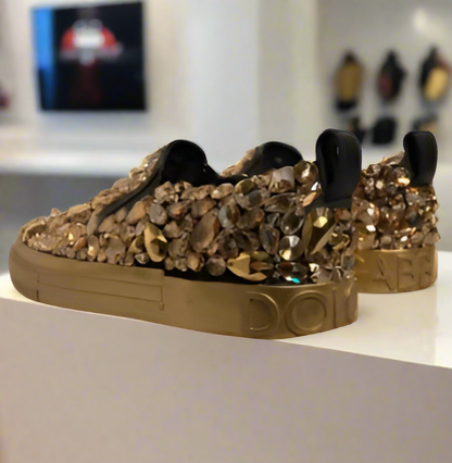 Dolce And Gabbana Men Gold Crystal Leather Slip On AQ685