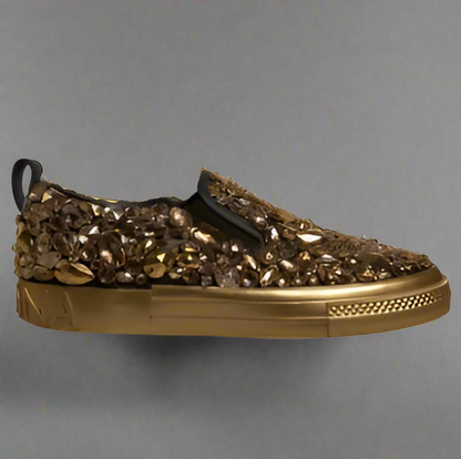 Dolce And Gabbana Men Gold Crystal Leather Slip On AQ685