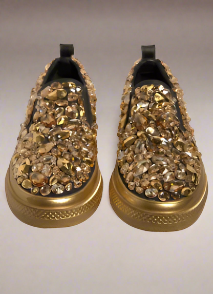 Dolce And Gabbana Men Gold Crystal Leather Slip On AQ685