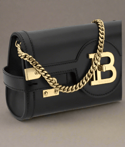 Balmain B-Buzz Pouch Bag Leather Black Removable Chain Strap