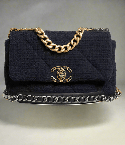 CHANEL PRE-LOVED DARK BLUE MEDIUM FLAP TWEED CC GOLD GRAY CHAIN SHOULDER BAG