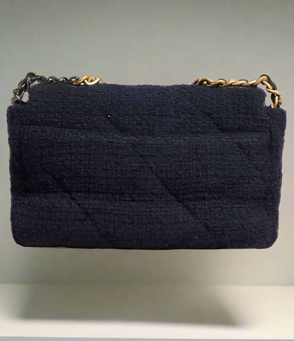 CHANEL PRE-LOVED DARK BLUE MEDIUM FLAP TWEED CC GOLD GRAY CHAIN SHOULDER BAG