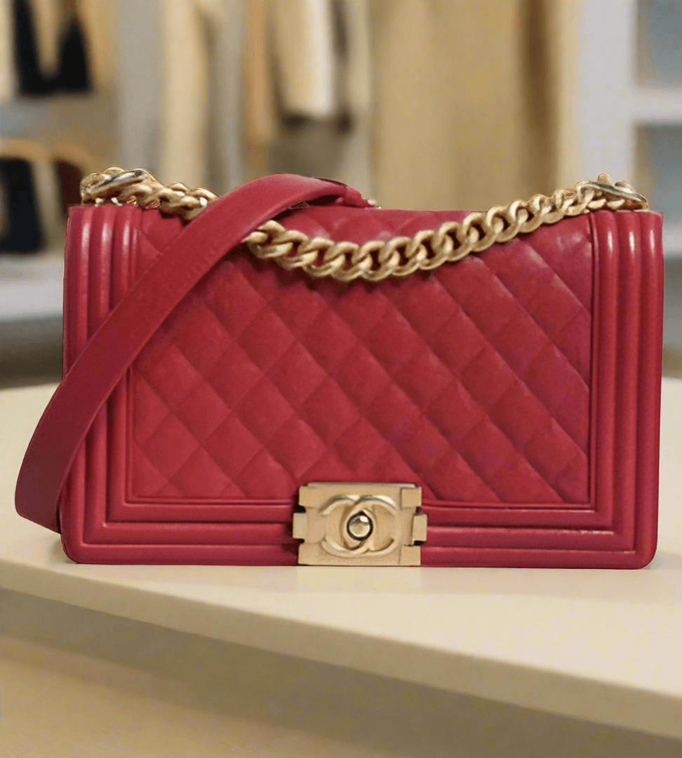 CHANEL RED LEATHER PRELOVED LAMBSKIN DOUBLE GOLD CHAIN MEDIUM SHOULDER BAG