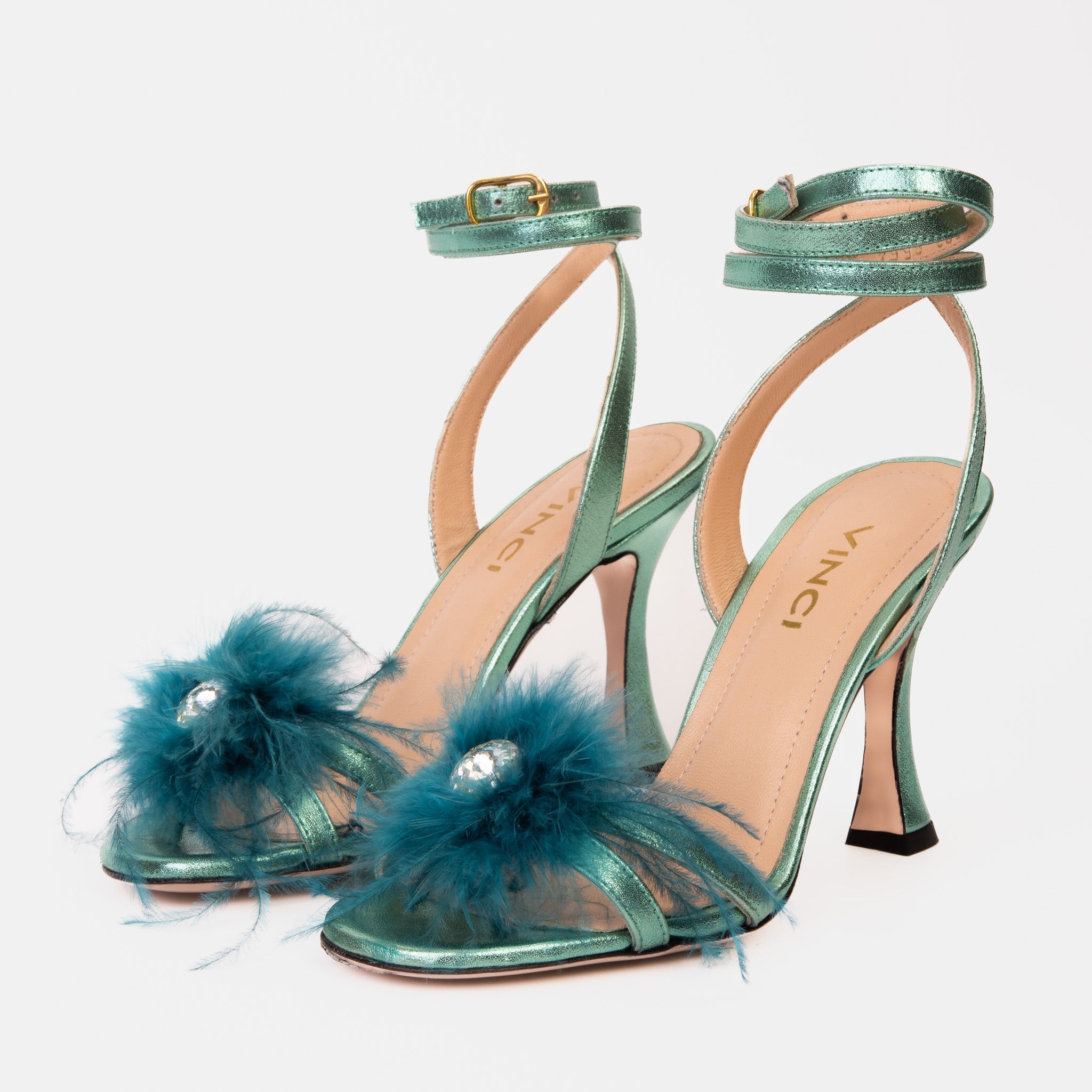 The Siena Turquoise Leather Ankle Strap Plumed Women Sandal Final Sale!