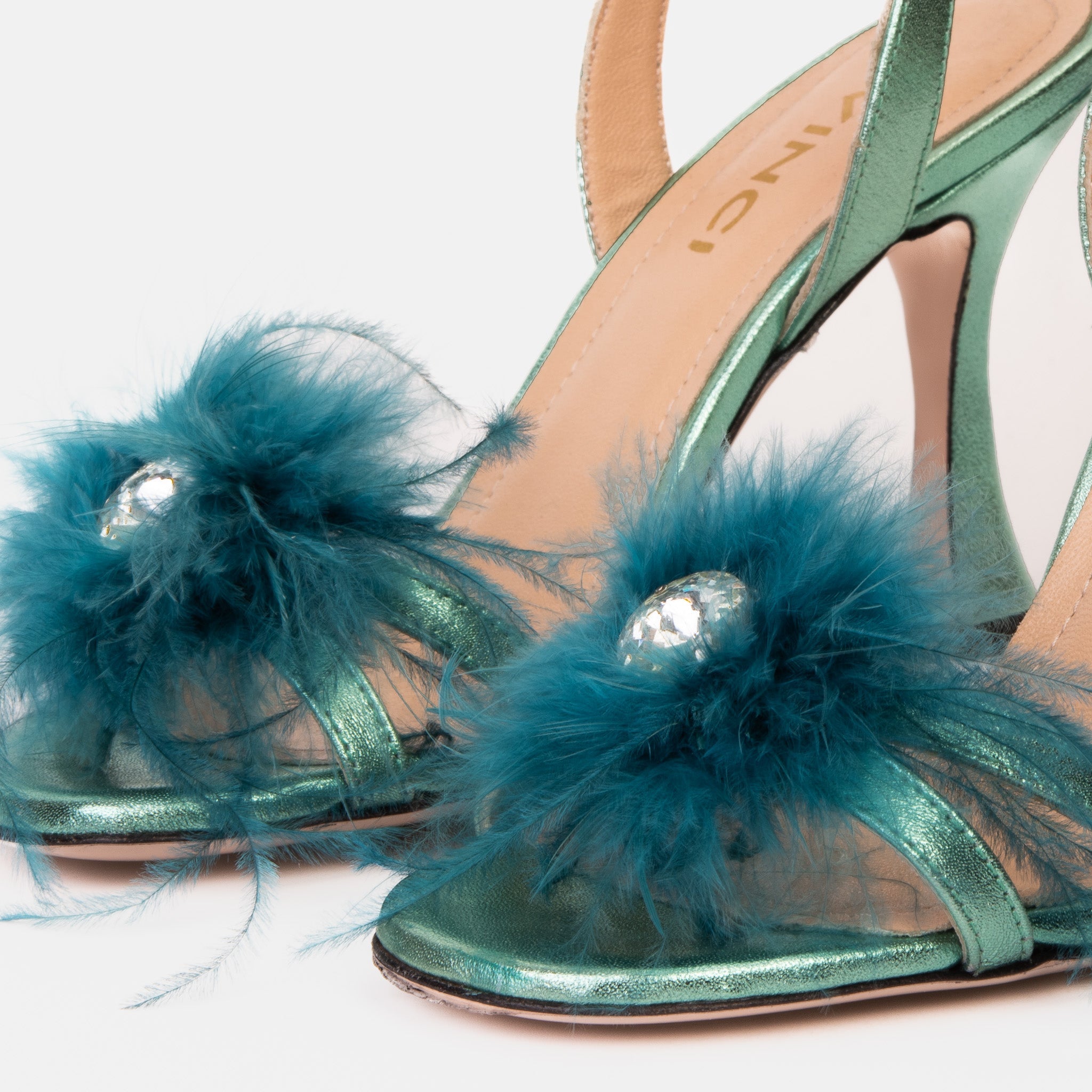 The Siena Turquoise Leather Ankle Strap Plumed Women Sandal Final Sale!