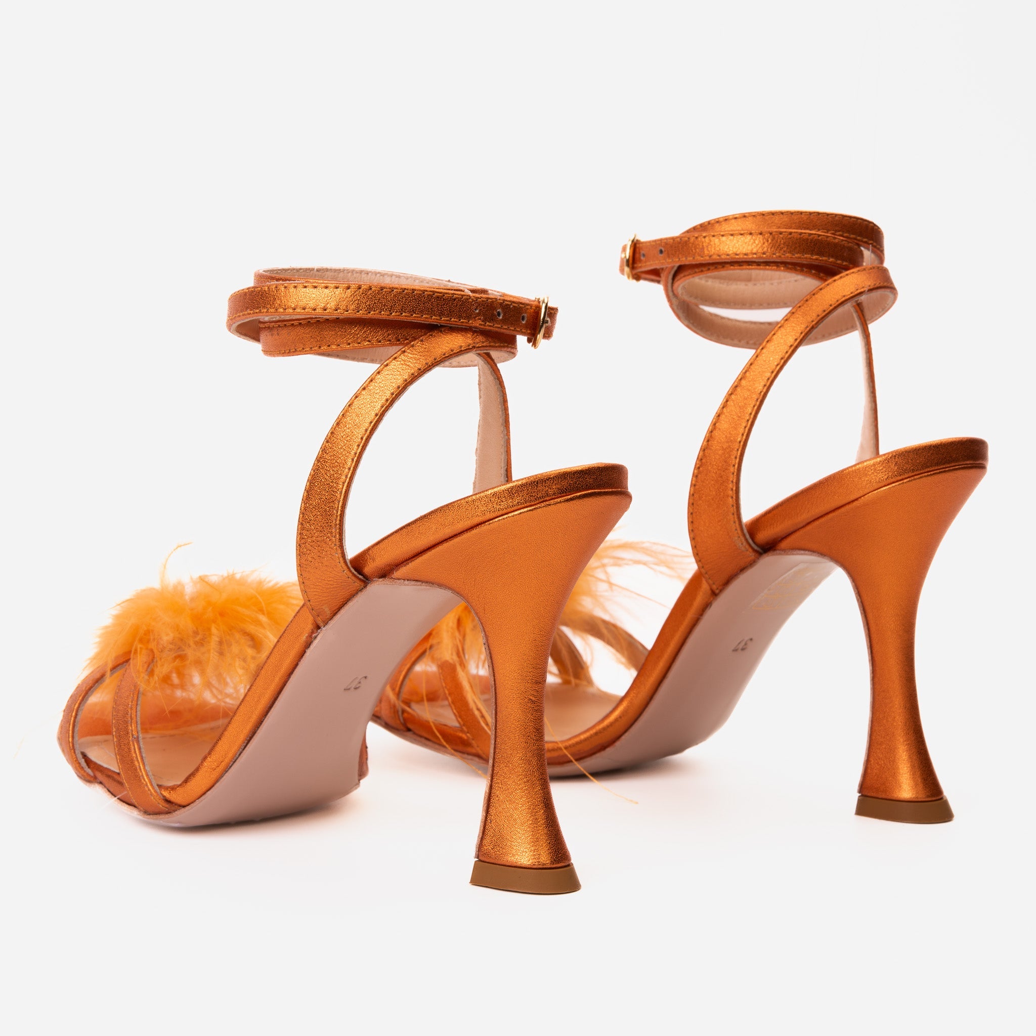 The Siena Orange Leather Ankle Strap Plumed Women Sandal Final Sale!